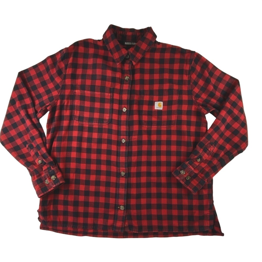 Carhartt‎ Red Black Check Rugged Flex Loose Fit Flannel Button Up Shirt Medium